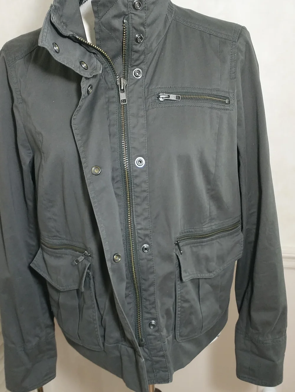 J Crew 100% Cotton Dark Khaki Funnel Neck Jacket, Size M, Fall Trendy Essential‎